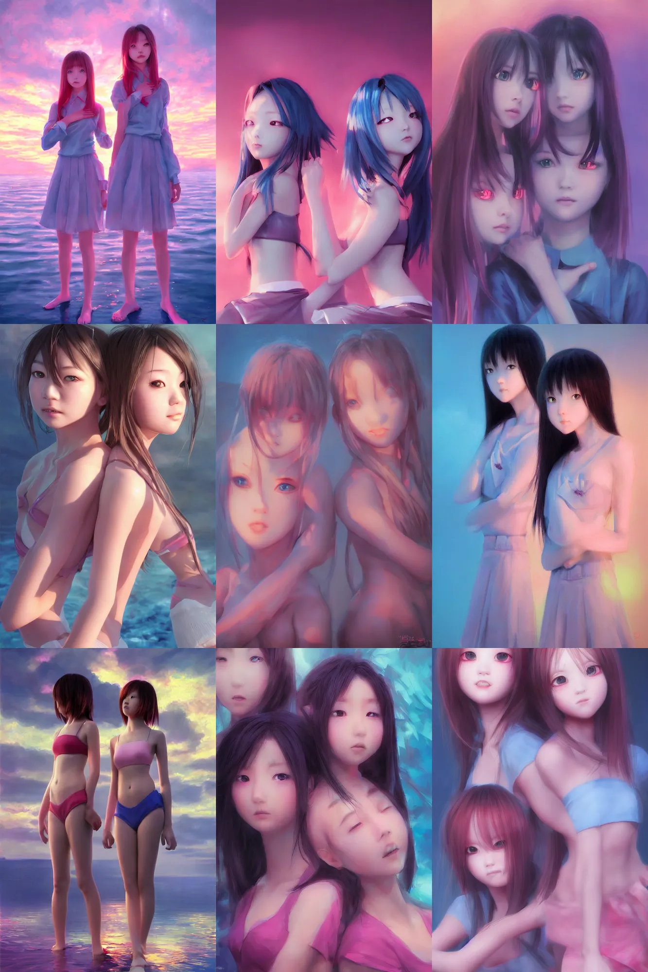 Prompt: 3d dark infrared octane render concept art by D. Jun, by Mo Xiang Tong Xiu, by Igarashi Daisuke, beauty portrait anime two schoolgirls under dark pink and blue water. cute face. sunrise. dramatic light, trending on artstation, oil painting.