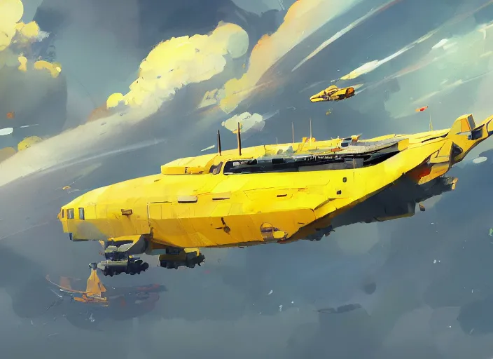 Prompt: a painting of a futuristic yellow submarine plane flying through the sky, light cloud, concept art by Ian McQue, cgsociety, highly detailed, artstation, concept art, sci-fi
