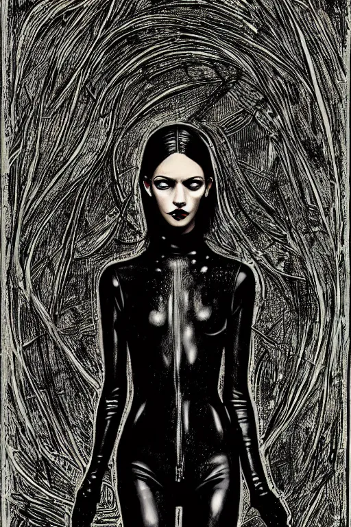 Image similar to dreamy gothic girl, wet black leather slim suit, beautiful woman body, detailed acrylic, grunge, intricate complexity, by dan mumford and by alberto giacometti, peter lindbergh