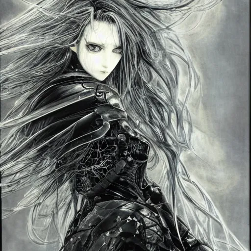 Image similar to Yoshitaka Amano realistic illustration of an anime girl with wavy white hair and cracks on her face wearing dark souls armour with the cape fluttering in the wind, abstract black and white patterns on the background, noisy film grain effect, highly detailed, Renaissance oil painting, weird portrait angle