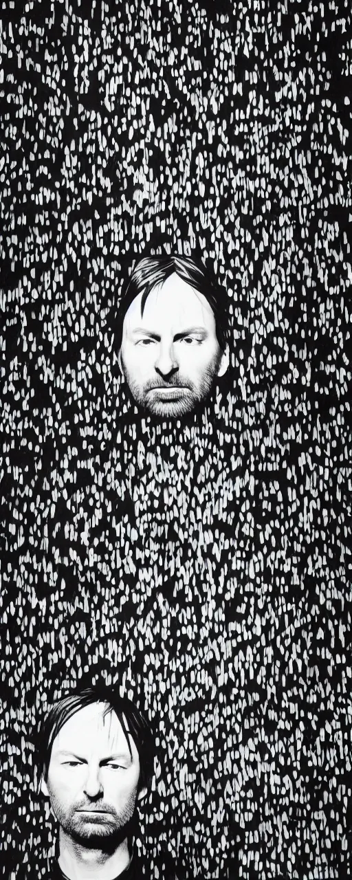 Prompt: disco diffusion portrait of Radiohead, hiding in the bushes looking shifty