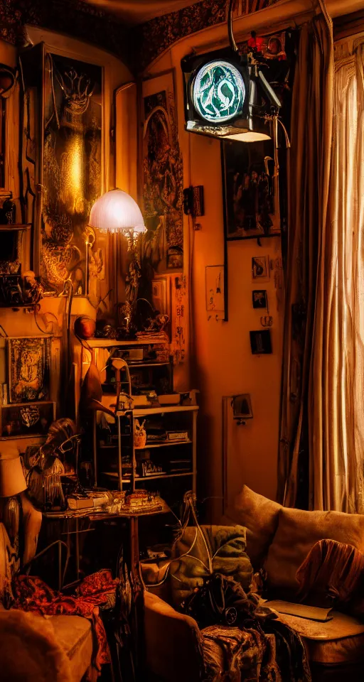 Prompt: telephoto 7 0 mm f / 2. 8 iso 2 0 0 photograph depicting the feeling of chrysalism in a cosy dark cluttered french art nouveau cyberpunk apartment in a dreamstate art cinema style.