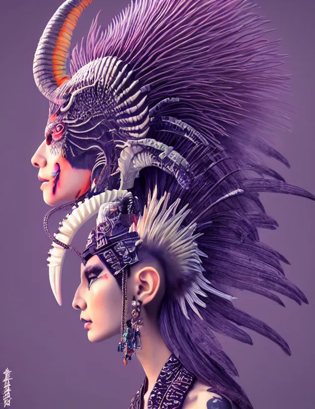 Image similar to 3 d goddess close - up profile portrait punk with mohawk with ram skull. beautiful intricately detailed japanese crow kitsune mask and clasical japanese kimono. betta fish, jellyfish phoenix, bio luminescent, plasma, ice, water, wind, creature, artwork by tooth wu and wlop and beeple and greg rutkowski