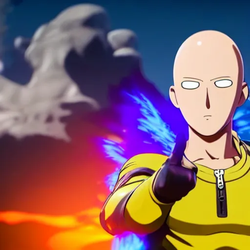 Image similar to one punch man in fortnite, character render, full body shot, highly detailed, in game render