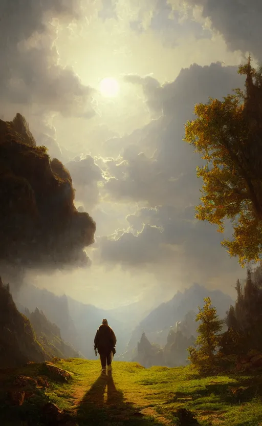 Image similar to a traveler wandering through the mountains looking at the clouds, very detailed, focused, oil painting, cinematic lighting, Albert Bierstadt, trending on Artstation