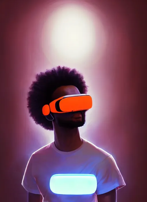 Prompt: handsome black genius hacking the metaverse in a vr headset, white t - shirt and jordans, three dimensional holograms and translucent orange glowing lights, highly detailed, digital painting, artstation, concept art, smooth, sharp focus, illustration, art by wlop, uang guangjian and gil elvgren and sachin teng and greg rutkowski