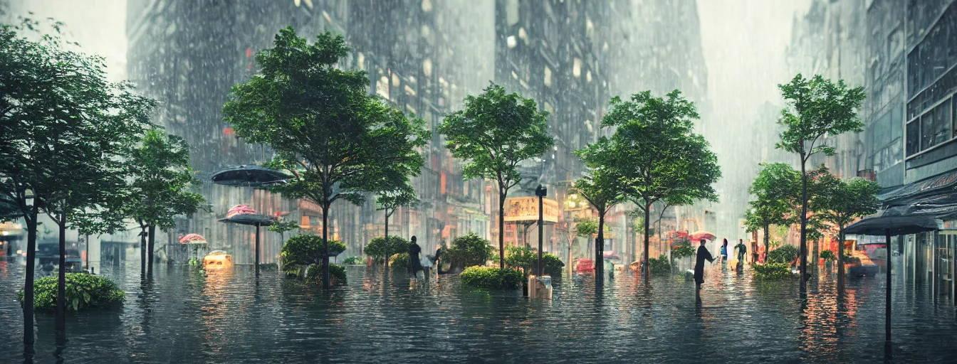 Image similar to raining night at flooded miniature new york city, emotion is on the rise on the town, cute style garden, octane render, trees, evergreen, patio, garden, wet atmosphere, tender, soft light misty yoshitaka amano, and artgerm, pixel art