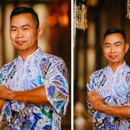 Image similar to A Photo Portrait of Joe Wearing Indonesian Batik Tulis at a fancy Balinese restaurant, award winning photography, sigma 85mm Lens F/1.4, blurred background, perfect faces