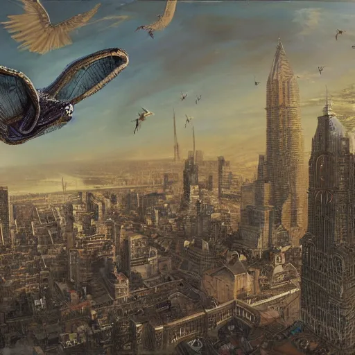 Image similar to A beautiful print of a large, flying, robotic creature swooping down over a cityscape. The creature has a long, snake-like body with large, razor-sharp wings. It is attacking a group of people who are running in terror. by Frits Van den Berghe terrifying