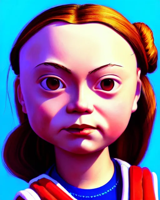 Image similar to closeup profile portrait of a tin toy greta thunberg as a schoolgirl, bikini, hyper realistic, artstation, illustration, salvidor dali, digital paint, matte paint, vivid colors, bright, cheerful, detailed and intricate anime school environment