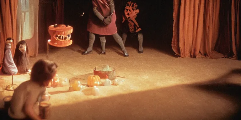 Prompt: photorealistic color macro cinematography of a creepy 1 9 2 0's halloween party inside the elstree studios set for the shining's overlook hotel shot on 3 5 mm eastman 5 2 4 7 film by the shining cinematographer john alcott shot on a wide cooke panchro 6 5 mm macro lens. with golden ratio composition