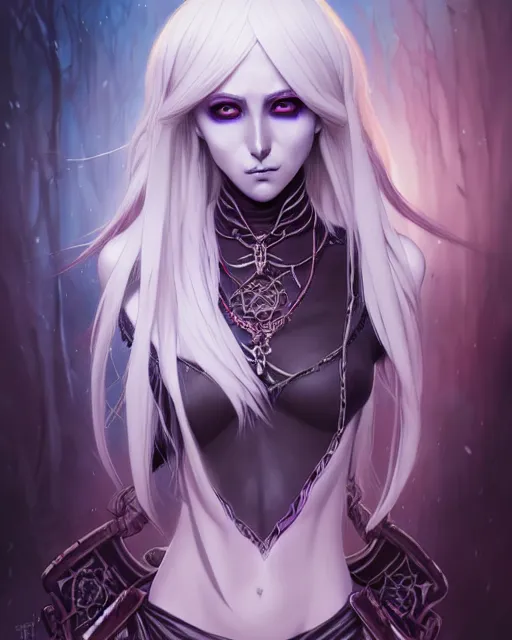 Image similar to portrait of an anime female drow necromancer, hd, illustration, epic, d & d, fantasy, intricate, elegant, highly detailed, digital painting, artstation, concept art, smooth, sharp focus, illustration, art by artgerm and greg rutkowski and alphonse mucha, monster hunter illustrations art book