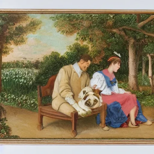 Prompt: a man and a woman sitting on a bench surrounded by plants, a dog sleeping by their feet, french painting style ,
