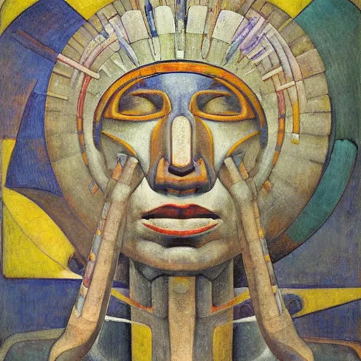 Image similar to head of a robot shaman, by annie swynnerton and edward hopper and jean delville and rufino tamayo and diego rivera and evelyn de morgan, art deco shaman, stylized geometric flowers, art brut, outsider art, symbolist, dramatic lighting, god rays, clean crisp graphics, smooth sharp focus, extremely detailed, adolf wolfli