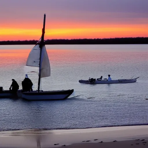 Image similar to sailboat stuck on sandbar at low tide, sunset, star wars ewoks helping to push it in water, ewoks