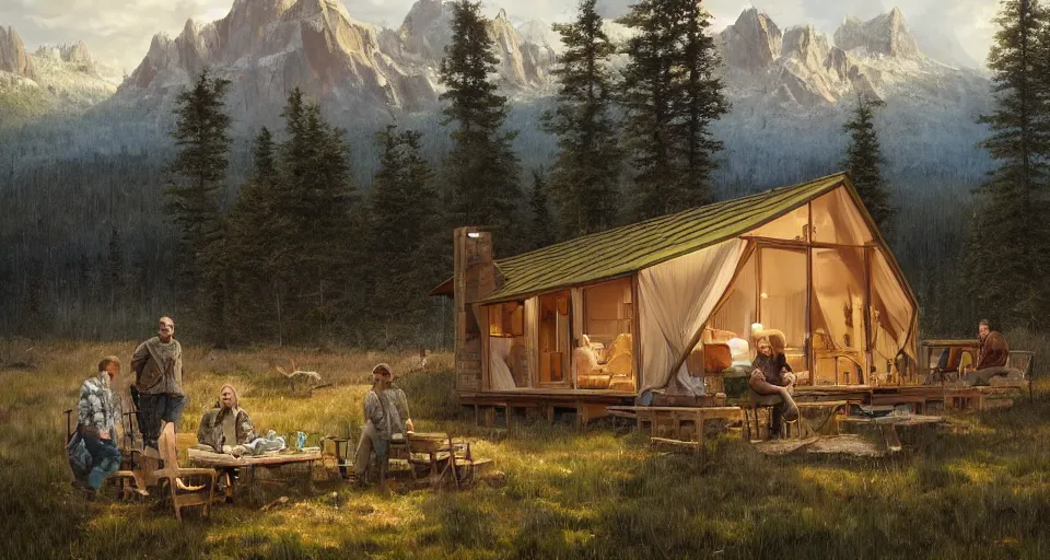 Image similar to cabela's beautiful comfortable modular pop - up insulated all terrain family dwelling, cabin,, person in foreground, mountainous forested wilderness open fields, beautiful views, painterly concept art, joanna gaines, environmental concept art, farmhouse, magnolia, concept art illustration, by james gurney, by craig mullins, by greg rutkowski trending on artstation