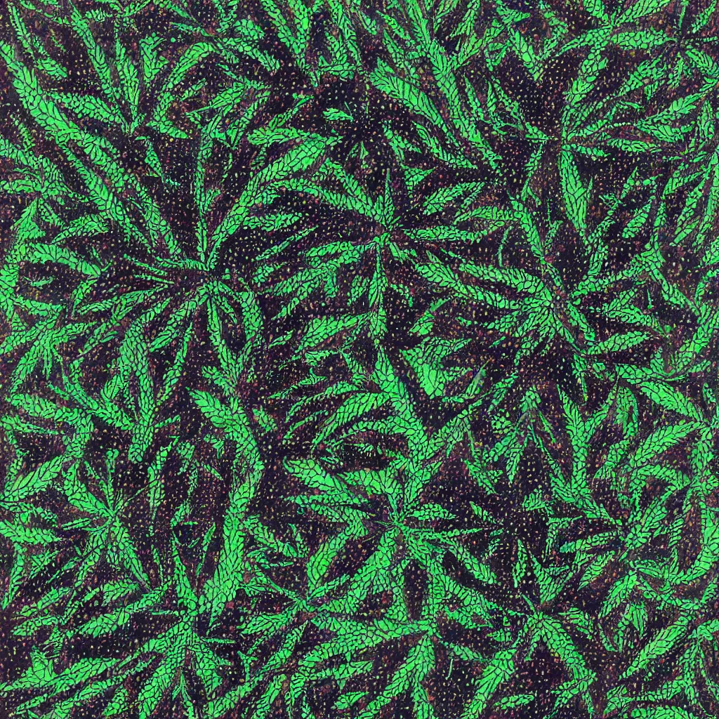 Image similar to camo made of out cannabis, smiling, abstract, maya bloch artwork, do hoang tuong artwork, cryptic, dots, stipple, lines, splotch, concrete, color tearing, uranium, neon, pitch bending, cannabis plant, faceless people, dark, ominous, eerie, minimal, points, technical, painting