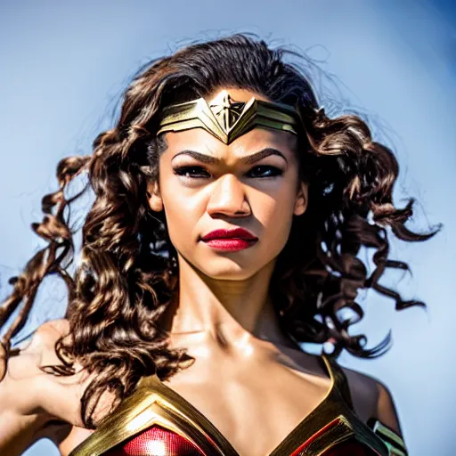 Image similar to Zendaya as wonder woman, EOS-1D, f/1.4, ISO 200, 1/160s, 8K, RAW, symmetrical balance, in-frame, Dolby Vision