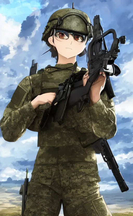 Image similar to girl, trading card front, future soldier clothing, future combat gear, realistic anatomy, war photo, professional, by ufotable anime studio, green screen, volumetric lights, stunning, military camp in the background, metal hard surfaces, real face, combat goggles