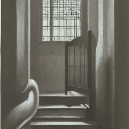 Prompt: snails on the stairs and door in style of vilhelm hammershoi, botanical illustration