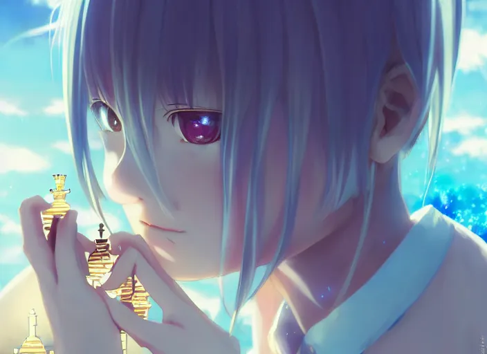 Image similar to an anime girl playing chess, with gold eyes, straight hair, sky blue hair, long bangs, high collar, concept art, award winning photography, digital painting, cinematic, by wlop, anime key visual, wlop, 8 k, by ross tran, tom bagshaw, andy warhol