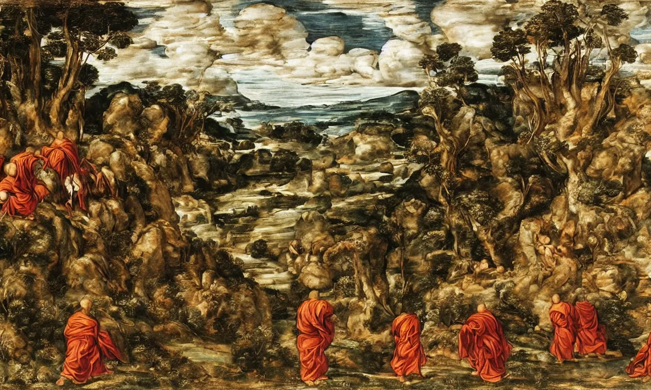 Prompt: a beautiful landscape with hermit monks, highly detailed, Painting by Tintoretto