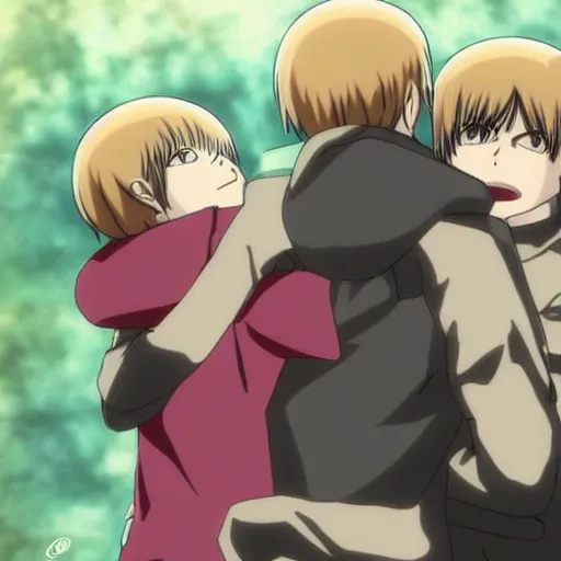 Image similar to Eren Jaeger, Armin, and Mikasa hugging