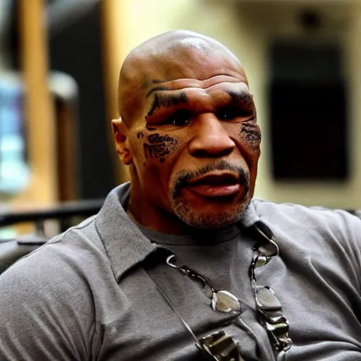 Image similar to mike tyson is talking to an older, grey haired person over the phone, who appears to be a friend of his. mike is telling him that he is angry at the world, and he hates the way he is doing life.