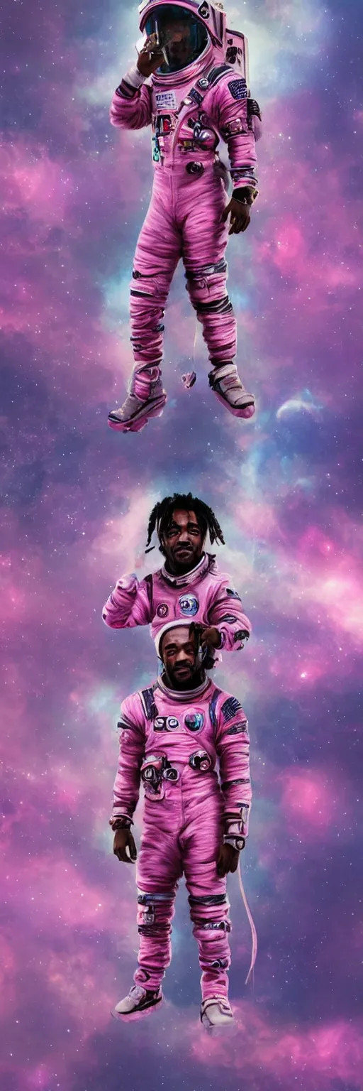 Image similar to Cinematic full body portrait of Lil Uzi Vert wearing a pink spacesuit, cinematic photograph, matte painting, trending on artstation, space clouds art