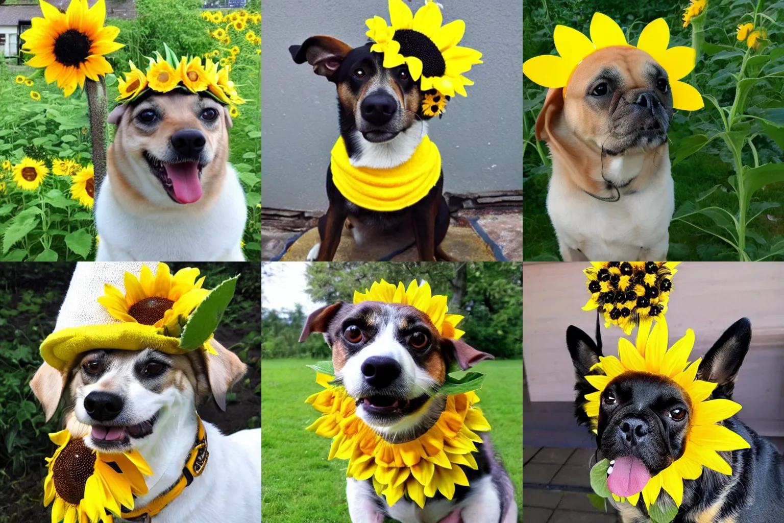 Prompt: dog wearing a sunflower as a hat covered in bumblebees