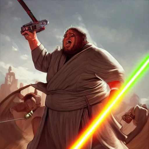 Image similar to highly detailed portrait of morbidly obese jedi fighting a sith, illustration, trending on artstation