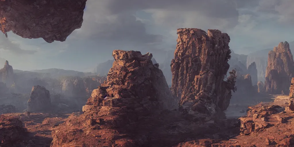 Image similar to Rocky arch connect two sides from left to right over the canyon with magma, in the distance ancient castle with destroyed tower, highly detailed, matte painting, wide lens, ultra realistic, 4k, 8k resolution, trending on artstation, octane render, unreal engine.
