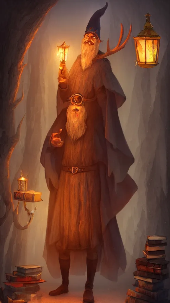 Prompt: character design full body shot of a moose wizard with a long white beard in a magic cloak and magic hat, in the background an old attic full of magic scrolls and old books, matte painting, fantasy illustration, warm lantern light, dusty atmosphere