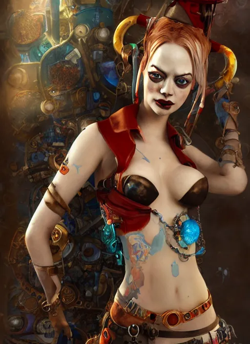Image similar to underwater pirate steampunk portrait of emma stone as harley quinn, hyper detailed, digital art, cinematic lighting, studio quality, smooth render, unreal engine 5, octane rendered, art style by klimt and nixeu and ian sprigger and krenz cushart.