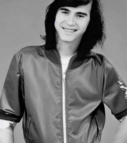 Image similar to 1 9 8 0 s highschool guy with long black hair, sports bomber jack, popular, yearbook photo