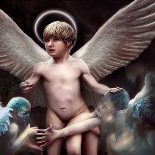 Prompt: photorealistic angel and demons battling on a young boy’s shoulders