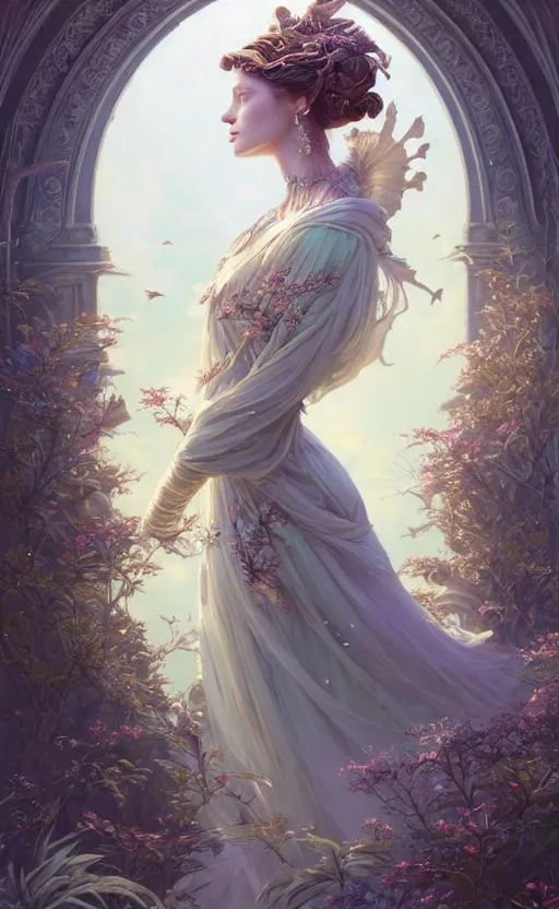 Image similar to highly detailed portrait of beautiful ethereal woman in ornate clothing, elegant birds flying, stephen bliss, unreal engine, fantasy art by greg rutkowski, loish, rhads, ferdinand knab, makoto shinkai and lois van baarle, ilya kuvshinov, rossdraws, tom bagshaw, global illumination, radiant light, detailed and intricate environment