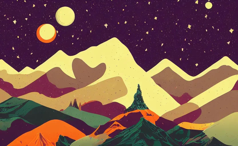 Prompt: mountains, stars and paisley filled sky, artstation, intricate, highly detailed, digital painting, concept art, sharp focus, illustration by Tom Whalen and James Jean