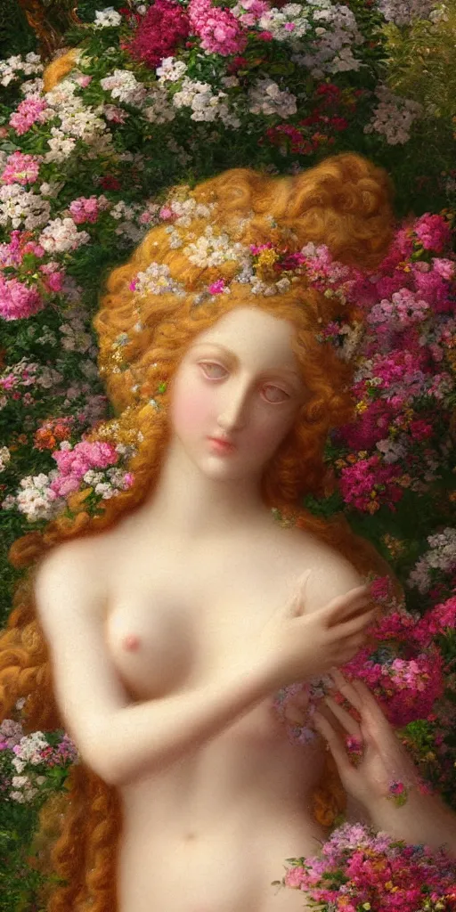 Prompt: high definition, digital, hyperreal, 2 k, tilt - shift, aphrodite wearing a beautiful dress, goddess of love, surrounded by flowers, in the style of a painting