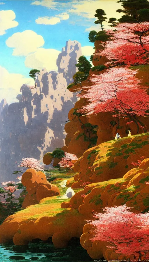 Image similar to ghibli illustrated background of a strikingly beautiful landform with strange rock formations and red water and cherry blossoms by vasily polenov, eugene von guerard, ivan shishkin, albert edelfelt, john singer sargent, albert bierstadt 4 k