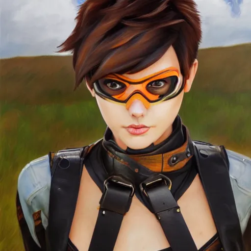 Image similar to oil painting of tracer overwatch in a field wearing very large black leather belt choker collar around neck, in style of mark arian, expressive face, very detailed face, very detailed eyes, belt around neck, full body, feminine face, tracer overwatch,