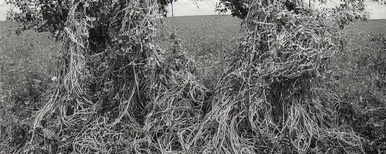 Image similar to wide shot of spaghetti growing on a tree, in a large field, in the style of galen rowell, canon 2 0 mm, photograph, kodachrome