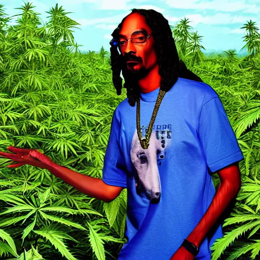 Image similar to snoop dog standing on a boat in front of huge cannabis plants, realistic digital art, highly detailed