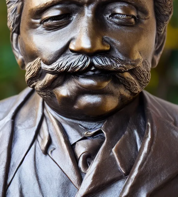 Image similar to a 4 k photorealistic photo medium shot of a bronze statue of a middle aged man with a moustache.