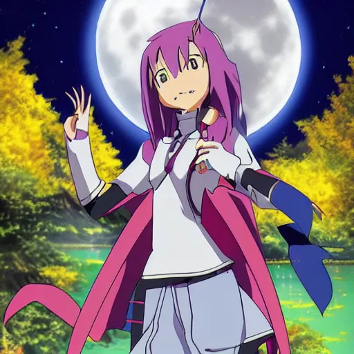 Image similar to sakuyamon from Digimon Tamers in front of the moon by a beautiful lake, sakura petals around her, night time, anime, key art, promo art, Digimon