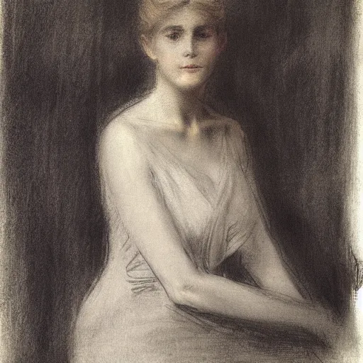 Image similar to a young woman, blonde, thin, by alfred stevens, charcoal