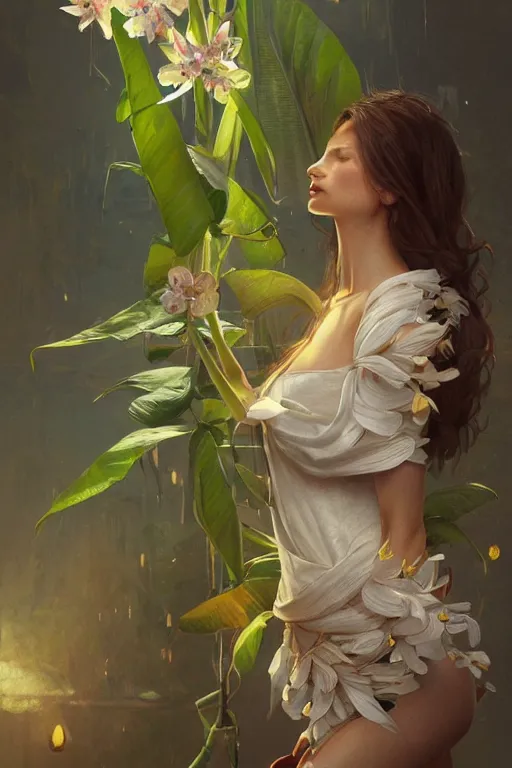 Prompt: ultra realistic illustration, banana plants drawing and flowers, elegant, highly detailed, digital painting, concept art, smooth, sharp focus, illustration, art by greg rutkowski mucha