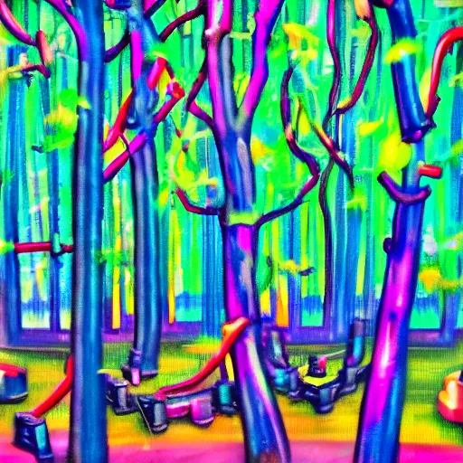 Image similar to lush enchanted forest interlocking with machines by salome totladze, bursts of color, beautiful, neon