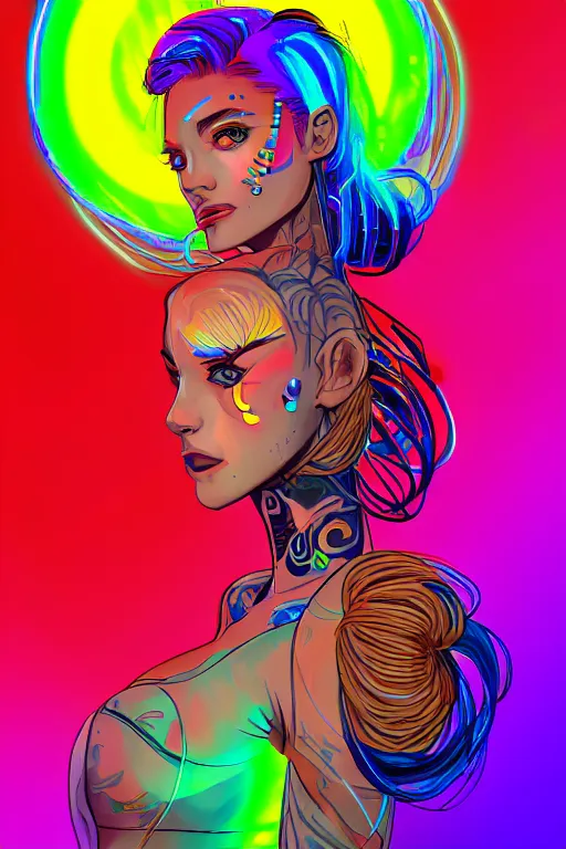 Image similar to a award winning portrait of a beautiful woman with stunning eyes in a one off shoulder crop top and cargo pants with rainbow colored hair, outlined by whirling illuminated neon lines and fine lines swirling in circles by greg tocchini, digital art, trending on artstation