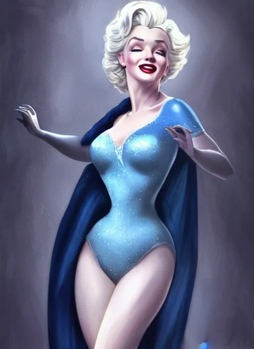 Image similar to Marilyn Monroe with Dark Blue Hair as Elsa from Frozen, western, D&D, fantasy, intricate, elegant, highly detailed, digital painting, artstation, concept art, matte, sharp focus, illustration, art by Artgerm and Greg Rutkowski and Alphonse Mucha, masterpiece, stunning, artstation